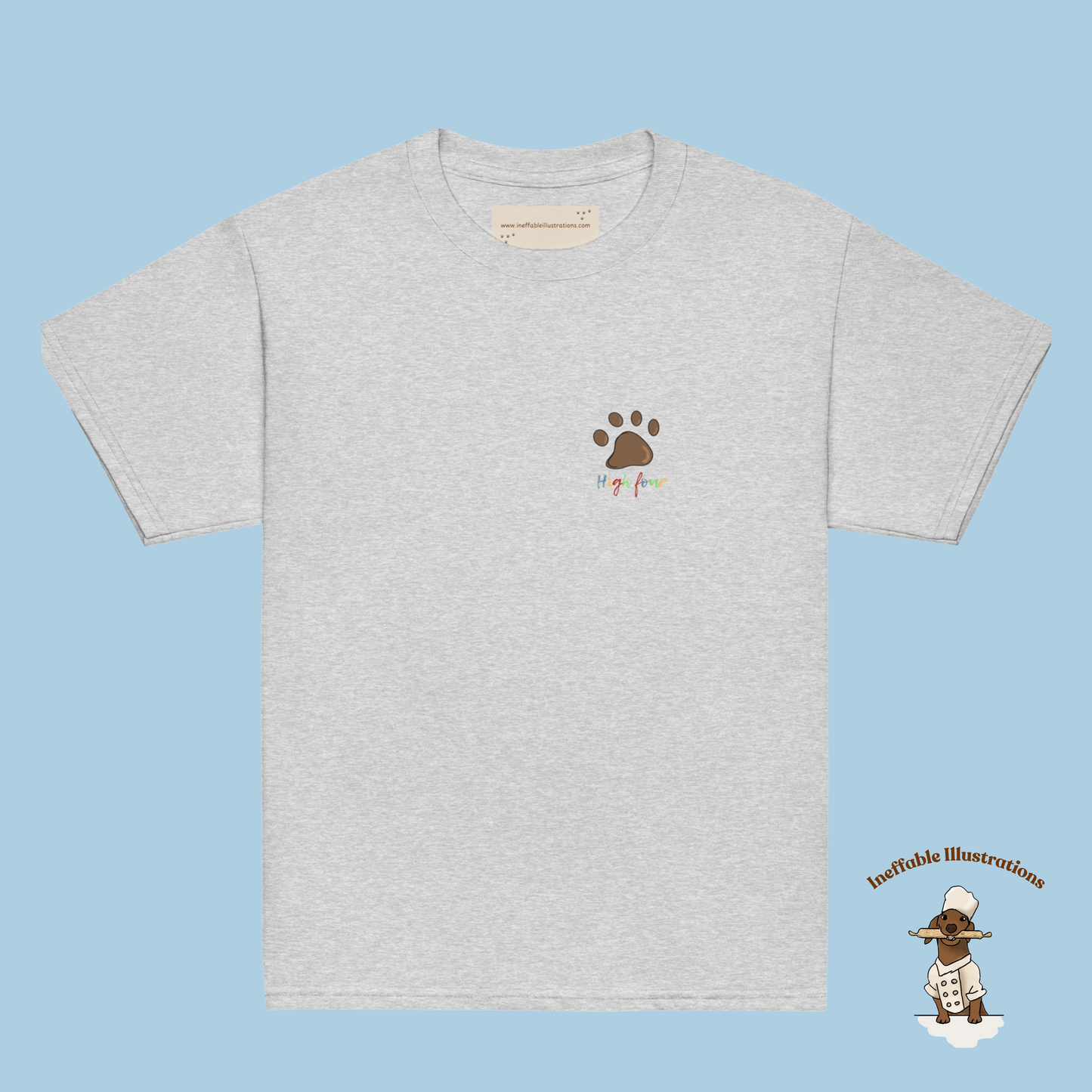 Youth Classic Tee with Hand Drawn Dog's Paw & "High Four" – Cute Dog Lover Shirt for Kids, Pet-Themed Gift, Funny Animal Tee - Ineffable Illustrations