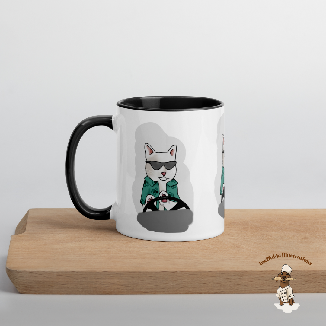 Mug "Ralph driving his luxury car Miaurrari". Cat Driving Car Mug | Funny Illustrated Coffee Cup with Color Inside | Hand-Drawn Design for Cat Lovers | Unique Gift Idea - Ineffable Illustrations