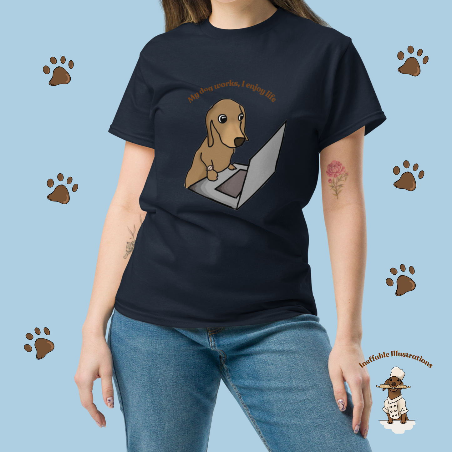 Shirt "Oliver works, I enjoy life". Funny Dog Illustration Tee | Hand-drawn Design | Trendy 100% Cotton Shirt - Ineffable Illustrations