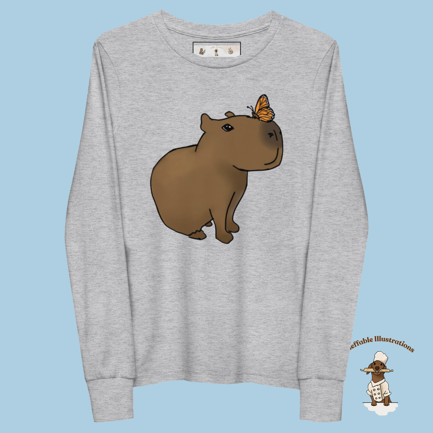 Kid Shirt. Cute Youth Long Sleeve Capybara Jolly Shirt, Handcrafted Design by Teen, Soft Airlume Cotton - Ineffable Illustrations