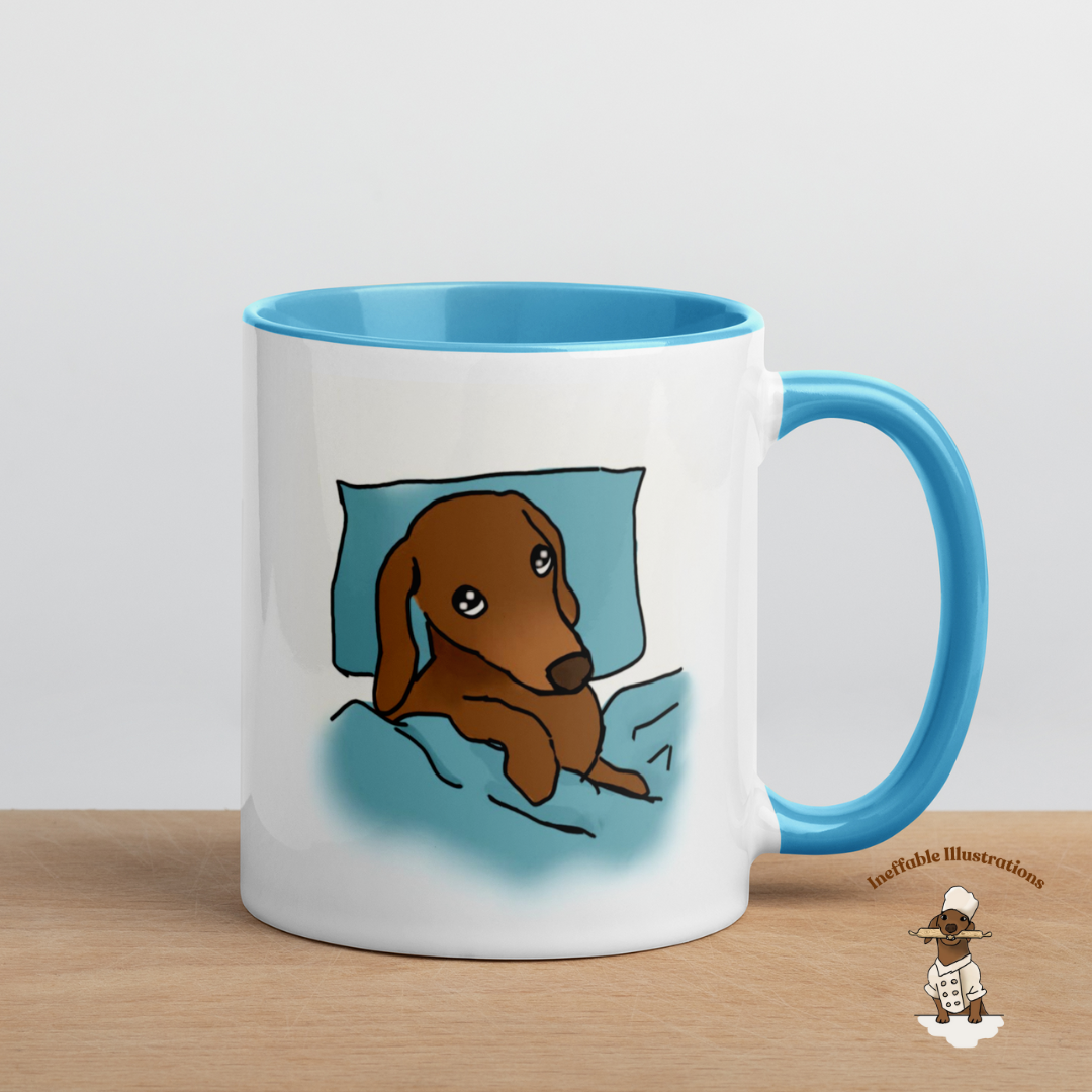 Mug "Sleepy Oliver". Dachshund Mug with Color Inside - Hand-Illustrated Cute Dog Design by Teen Artist, Unique Gift for Dog Lovers & Pet Owners - Ineffable Illustrations