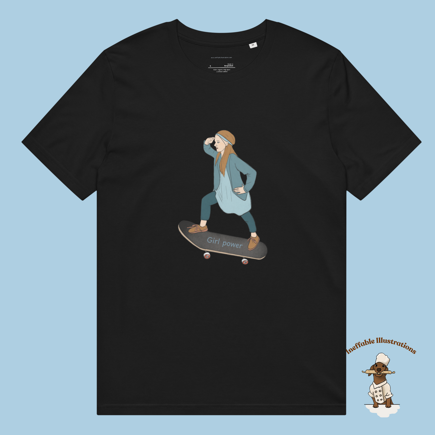 Unisex Organic Mid-Light T-Shirt, Girl on Skateboard Illustration, Girl Power Print, Eco-Friendly Apparel, Unique Gift for Her - Ineffable Illustrations