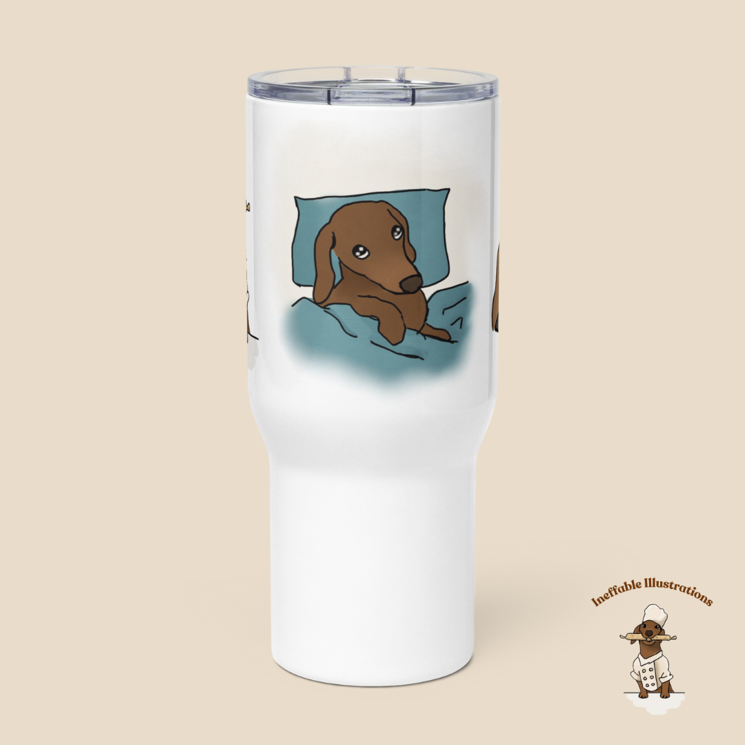 Mug "Oliver traveling with you". Dachshund Travel Mug with Handle: Cute dachshund Oliver Working on Computer, Cooking & Relaxing- Perfect Coffee Mug for any Activity! - Ineffable Illustrations