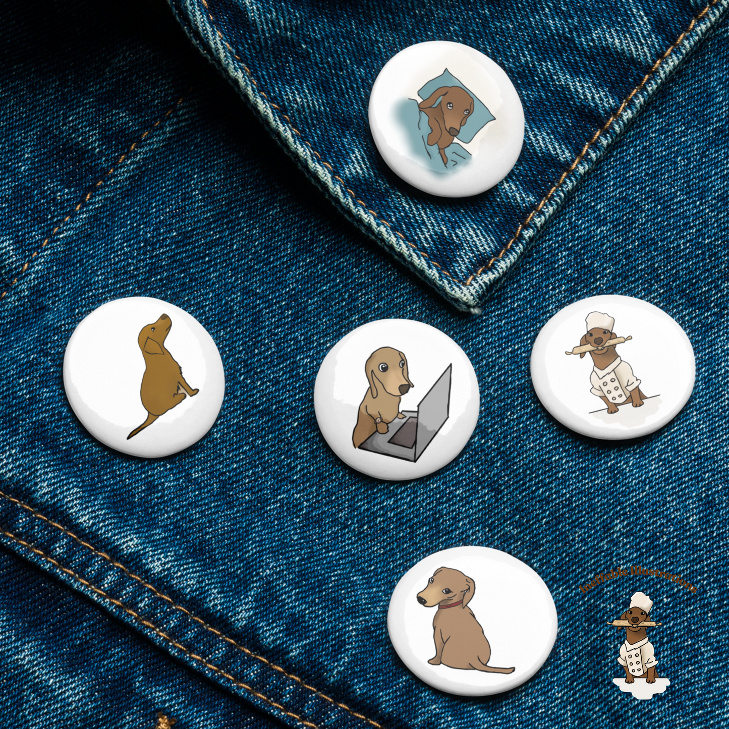 Dachshund Button Pins Set of Cute Oliver Enjoying Life | Fun Dog Accessories & Gifts for Pet Lovers - Ineffable Illustrations