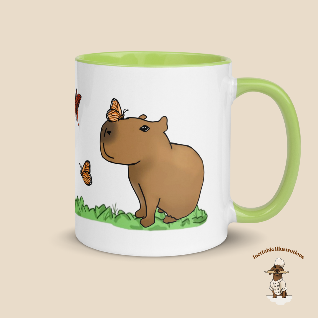 Mug "Jolly playing with butterflies". Hand-drawn Capybaras and Butterflies Ceramic Mug - Colorful and Charming! - Ineffable Illustrations