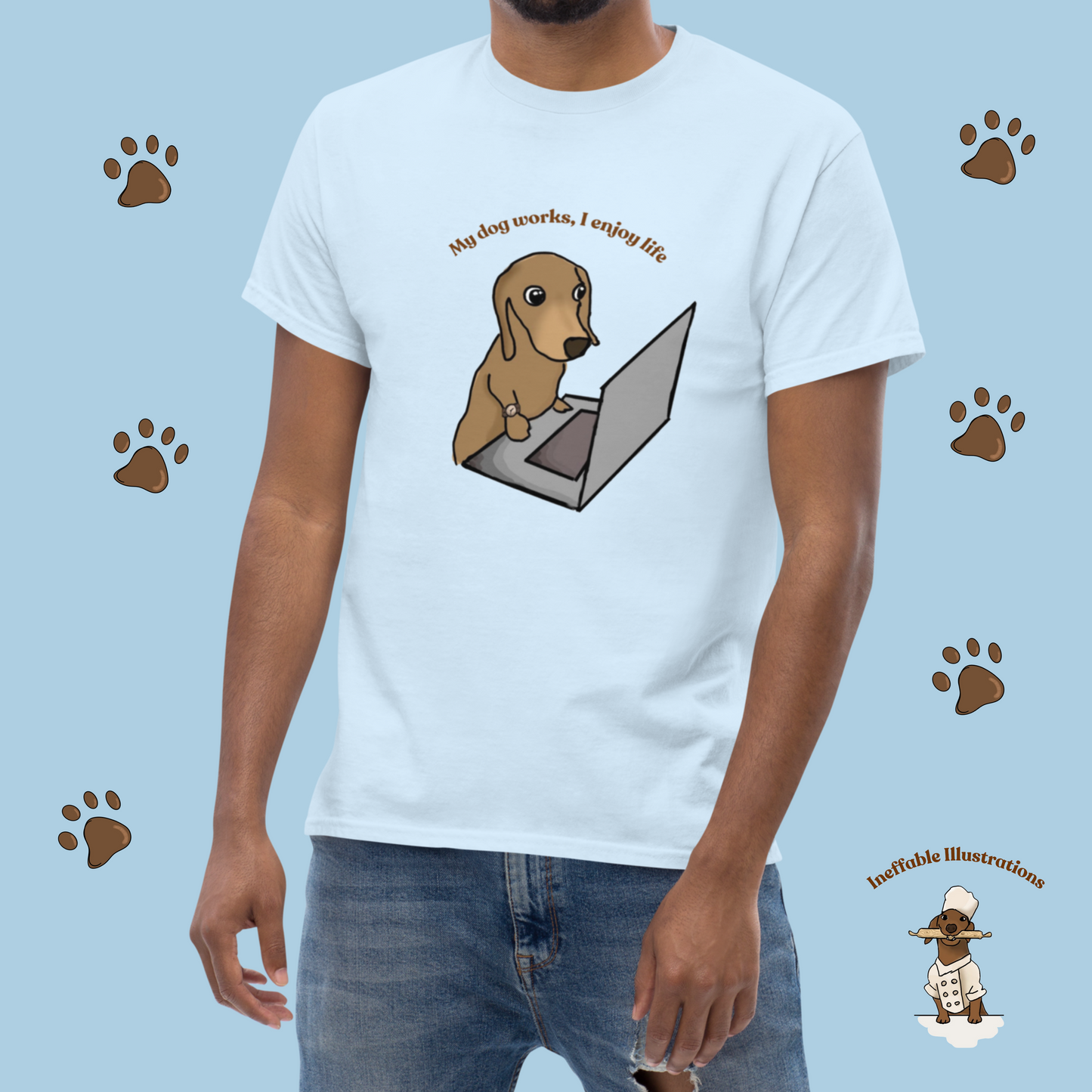 Shirt "Oliver works, I enjoy life". Funny Dog Illustration Tee | Hand-drawn Design | Trendy 100% Cotton Shirt - Ineffable Illustrations