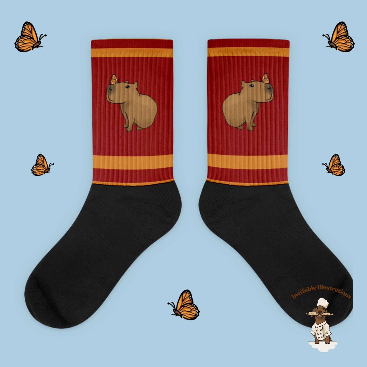 Capybara Socks with Capybara Jolly with Butterfly, Cute Animal Socks, Cozy Gift for Animal Lovers, Fun Capybara Apparel, Unisex Socks - Ineffable Illustrations