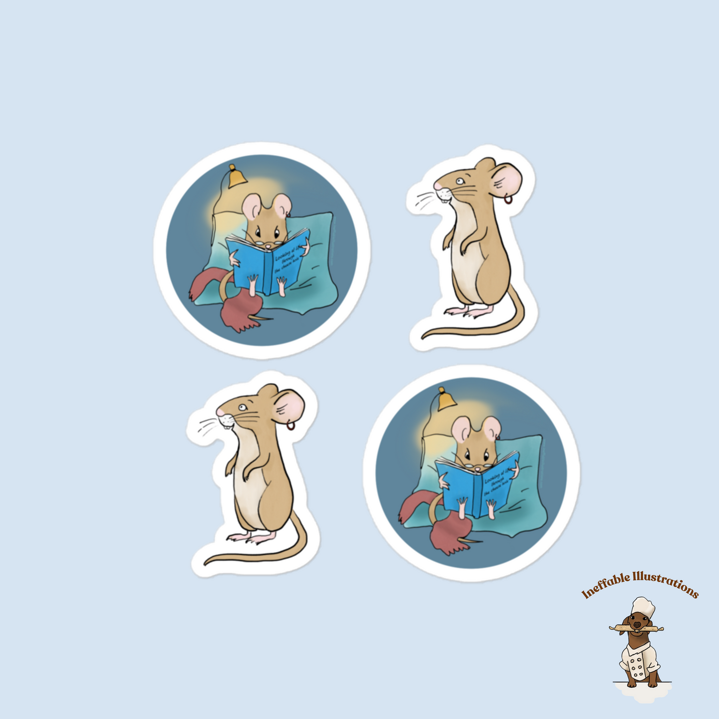 Bubble-Free Mouse Pedro Stickers Set – Cute Standing & Reading Book Designs, Decorative Decals for Laptop, Planner and Journals - Ineffable Illustrations