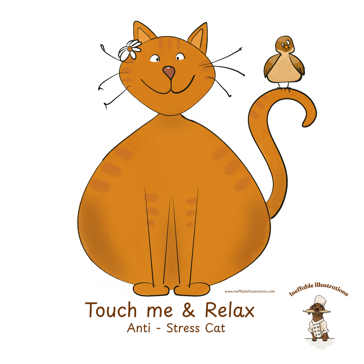 Funny Ginger Cat Tote Bag – Hand-Drawn Anti-Stress Cat with Relaxed Bird on Tail Design | Eco-Friendly Cotton Canvas Reusable Shopping Bag - Ineffable Illustrations