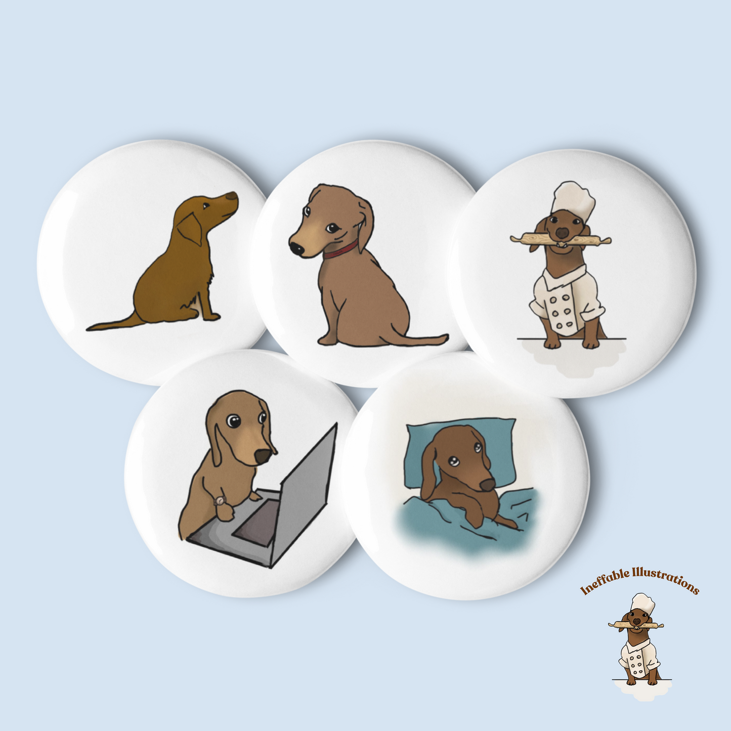 Dachshund Button Pins Set of Cute Oliver Enjoying Life | Fun Dog Accessories & Gifts for Pet Lovers - Ineffable Illustrations