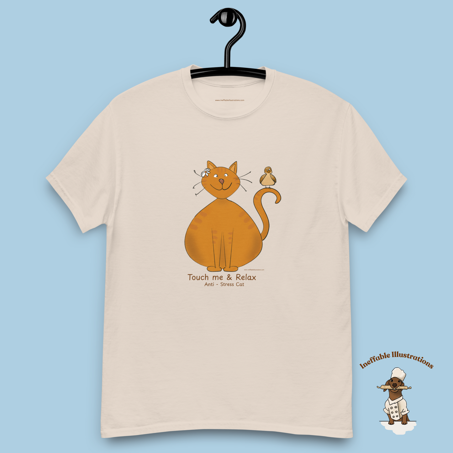 Funny Ginger Cat T-Shirt – Hand-Drawn Anti-Stress Cat with Relaxed Bird & “Touch Me & Relax” | Unisex 100% Cotton Classic Tee, Trendy Streetwear - Ineffable Illustrations
