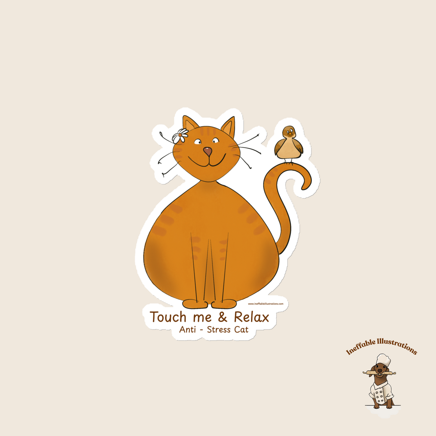 Funny Ginger Cat Magnet – Hand-Drawn Anti-Stress Cat with Relaxed Bird | Premium Matte Finish Magnetic Decor, Strong Hold for Photos & Notes - Ineffable Illustrations