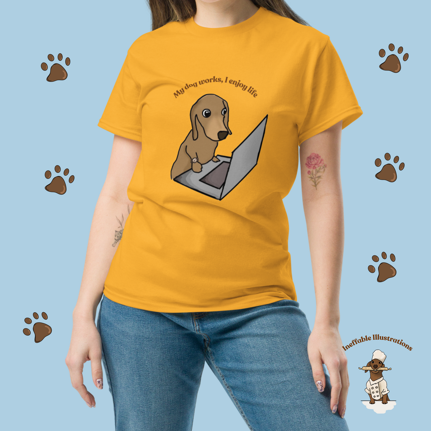 Shirt "Oliver works, I enjoy life". Funny Dog Illustration Tee | Hand-drawn Design | Trendy 100% Cotton Shirt - Ineffable Illustrations