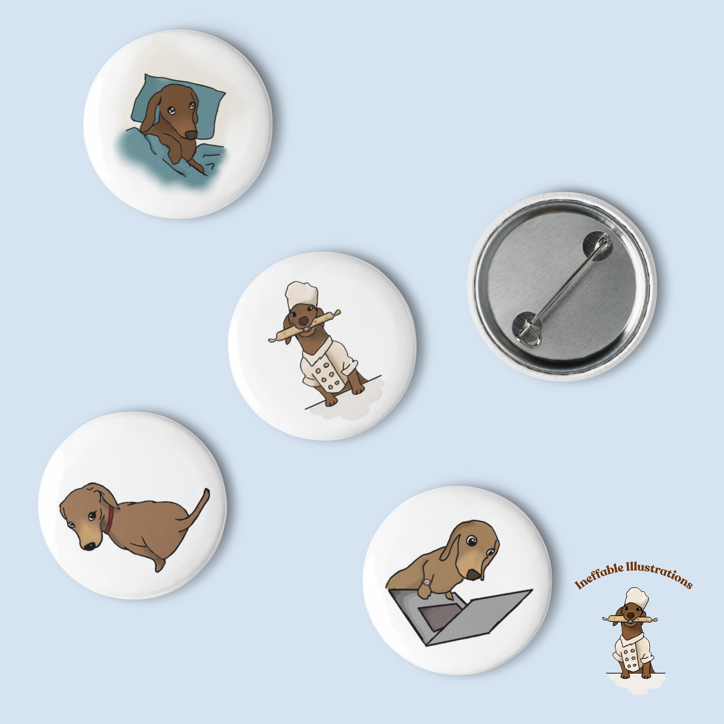 Dachshund Button Pins Set of Cute Oliver Enjoying Life | Fun Dog Accessories & Gifts for Pet Lovers - Ineffable Illustrations