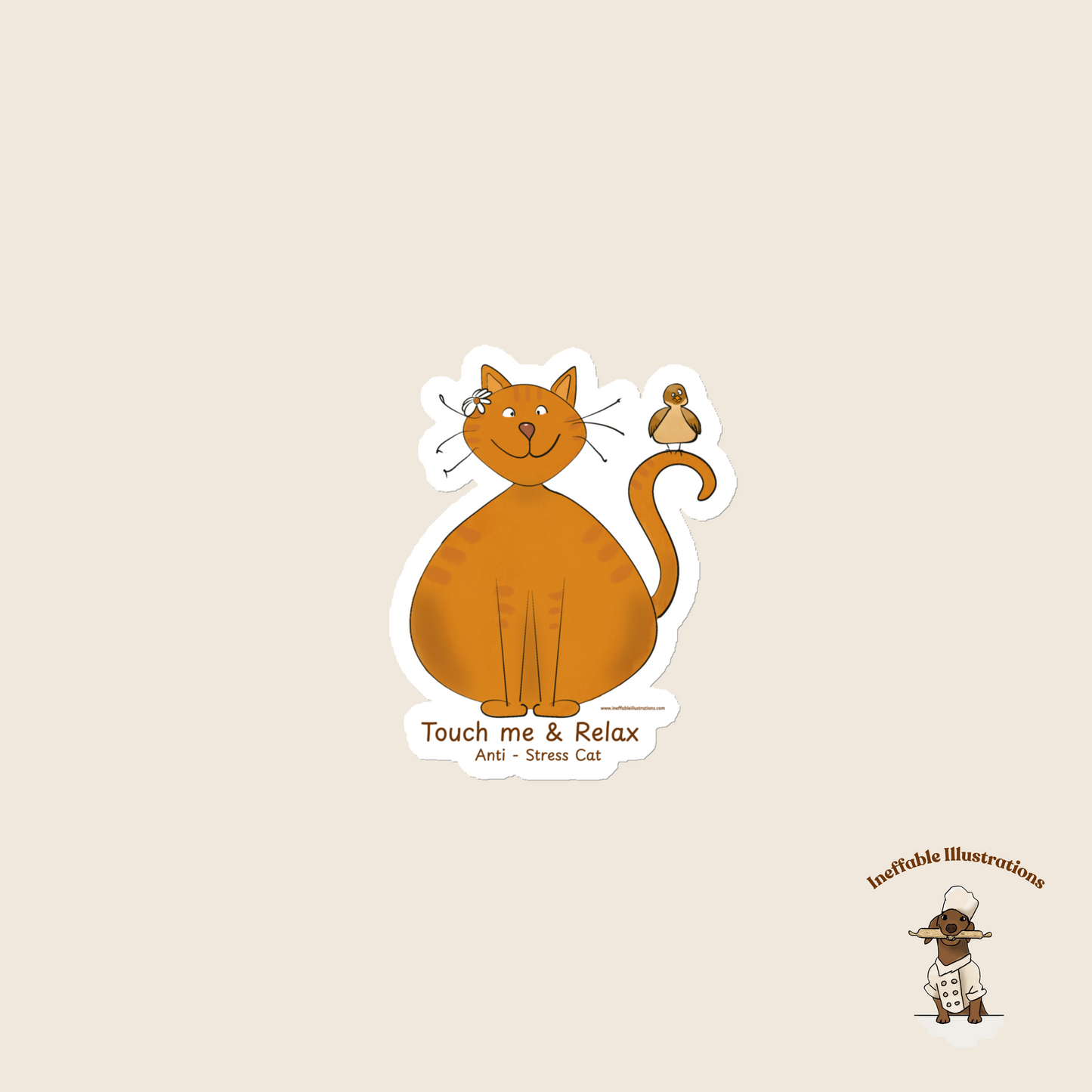 Funny Ginger Cat Magnet – Hand-Drawn Anti-Stress Cat with Relaxed Bird | Premium Matte Finish Magnetic Decor, Strong Hold for Photos & Notes - Ineffable Illustrations