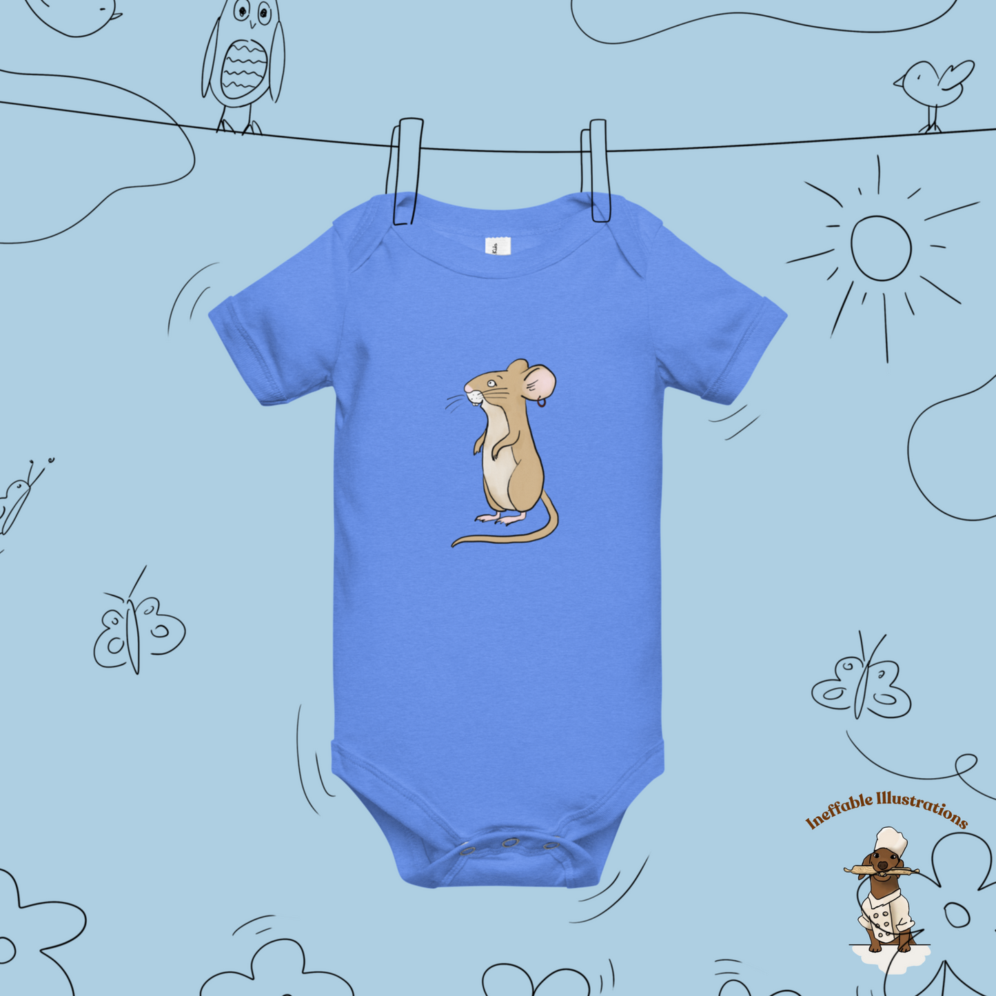 Baby Short Sleeve One Piece with Cute Mouse Pedro | Adorable Infant Bodysuit | Baby Shower Gift & Newborn Outfit