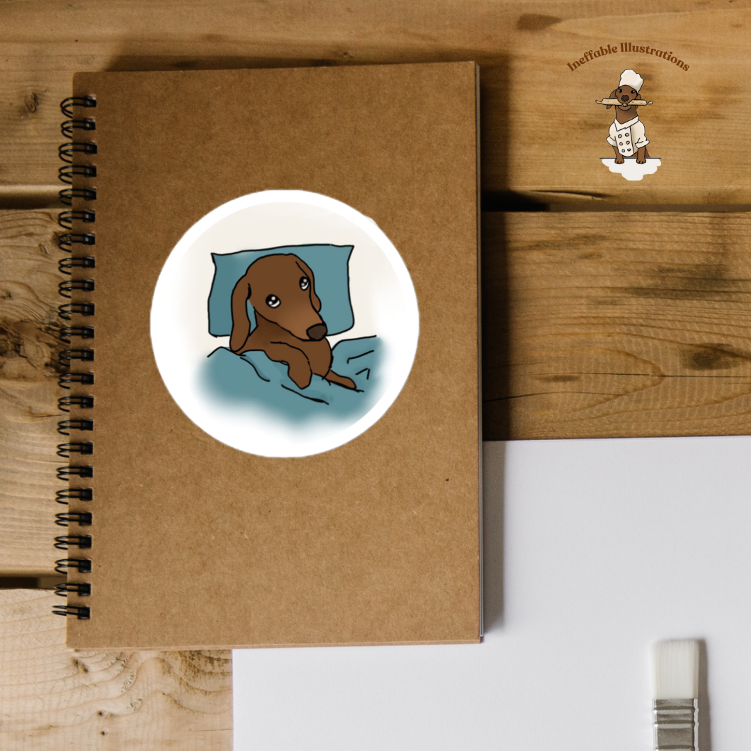 Sticker: Sleepy and lazy dachshund Oliver. Cute Dachshund Design, Lazy Dog Lovers Gift, Funny Pet Decal, Waterproof Vinyl Art - Ineffable Illustrations