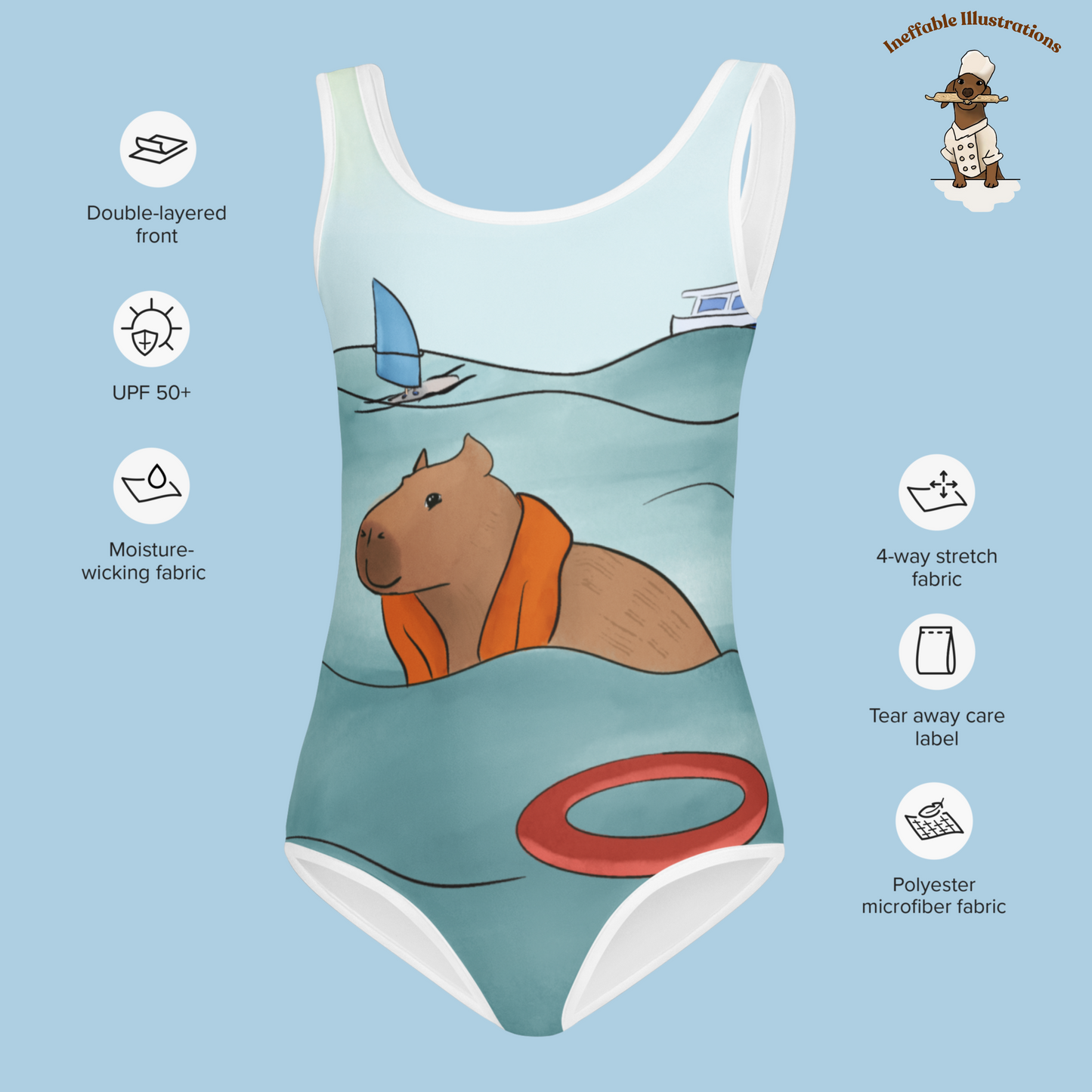 Kids Swimsuit with Cute Hand Drawn Capybara Jolly Enjoying Summer In The Sea Design, Toddler Bathing Suit, Beachwear for Girls - Ineffable Illustrations