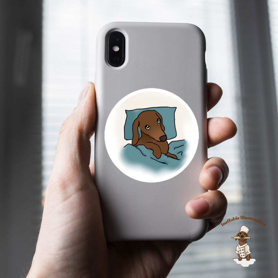 Sticker: Sleepy and lazy dachshund Oliver. Cute Dachshund Design, Lazy Dog Lovers Gift, Funny Pet Decal, Waterproof Vinyl Art - Ineffable Illustrations