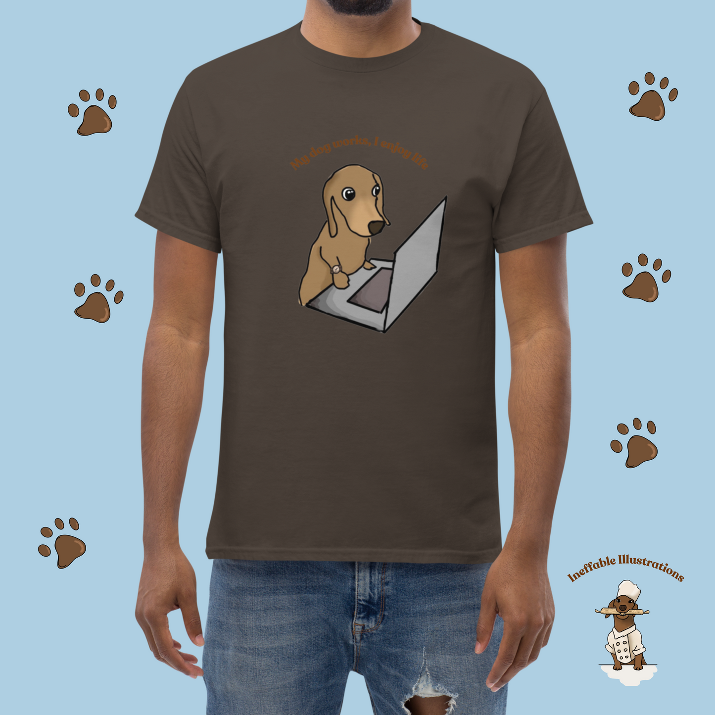 Shirt "Oliver works, I enjoy life". Funny Dog Illustration Tee | Hand-drawn Design | Trendy 100% Cotton Shirt - Ineffable Illustrations