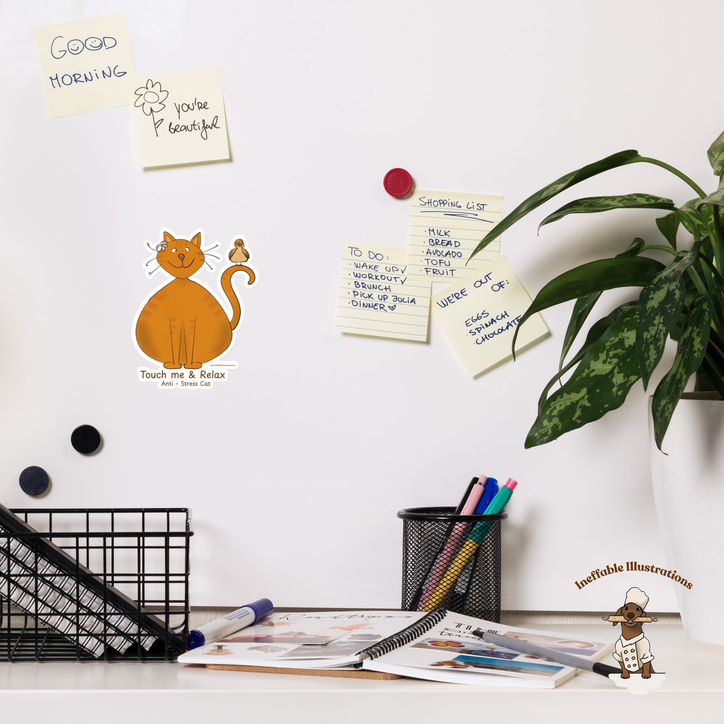 Funny Ginger Cat Magnet – Hand-Drawn Anti-Stress Cat with Relaxed Bird | Premium Matte Finish Magnetic Decor, Strong Hold for Photos & Notes - Ineffable Illustrations