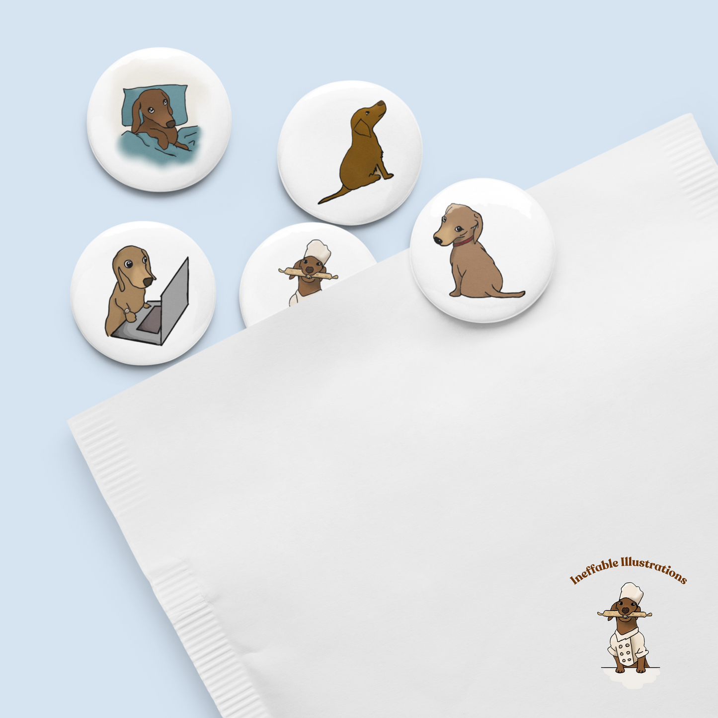 Dachshund Button Pins Set of Cute Oliver Enjoying Life | Fun Dog Accessories & Gifts for Pet Lovers - Ineffable Illustrations