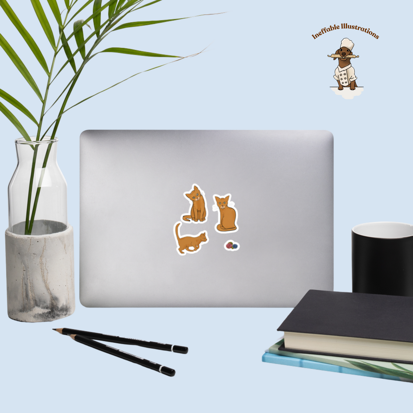 Bubble-Free Cat Stickers of Hand Drawn Ginger Kitten Sitting & Playing Cute Vinyl Decals for Laptop, Planner and Scrapbook