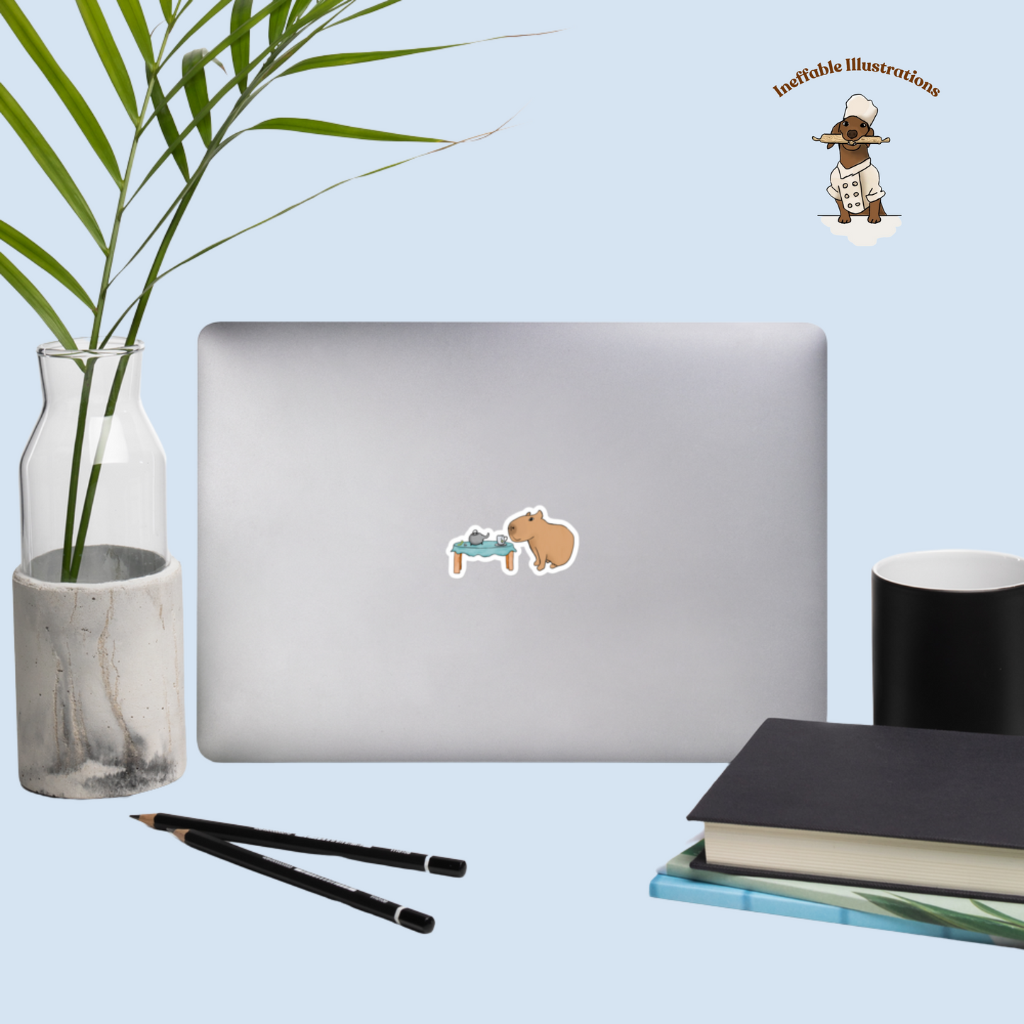 Bubble Free Sticker: Capybara Drinking Tea with Caterpillar, Cute Animal Decals for Laptops & Journals