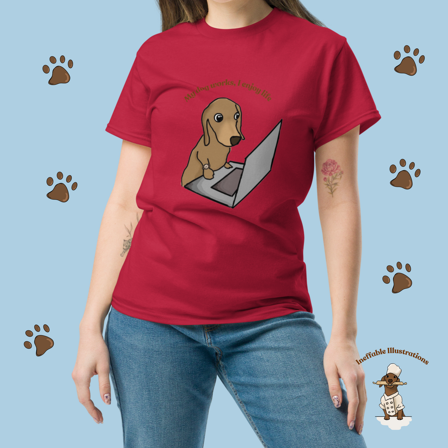 Shirt "Oliver works, I enjoy life". Funny Dog Illustration Tee | Hand-drawn Design | Trendy 100% Cotton Shirt - Ineffable Illustrations