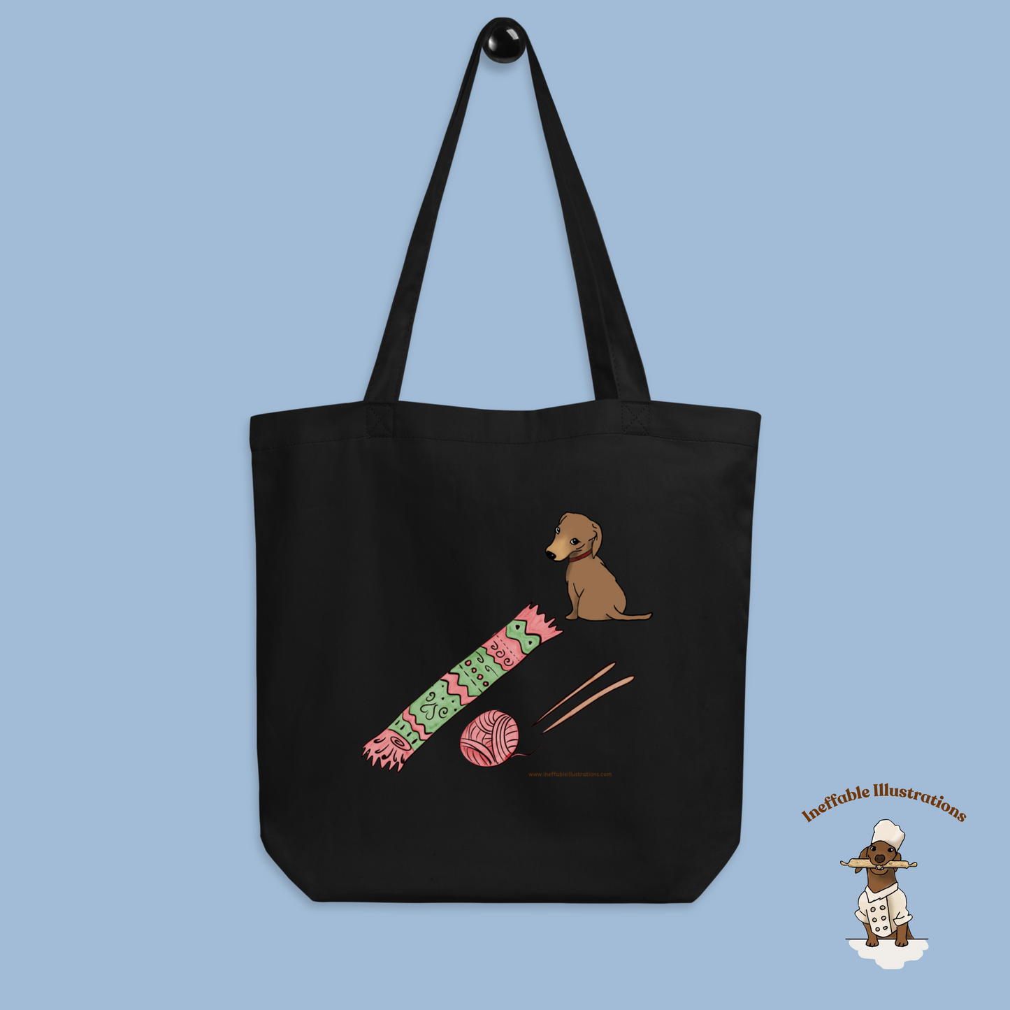 Eco Tote Bag with Cute Dachshund Oliver, Yarn, Knitting Needles and Knitted Scarf, Perfect for Dog Lovers & Crafters, Reusable Shopping Tote - Ineffable Illustrations