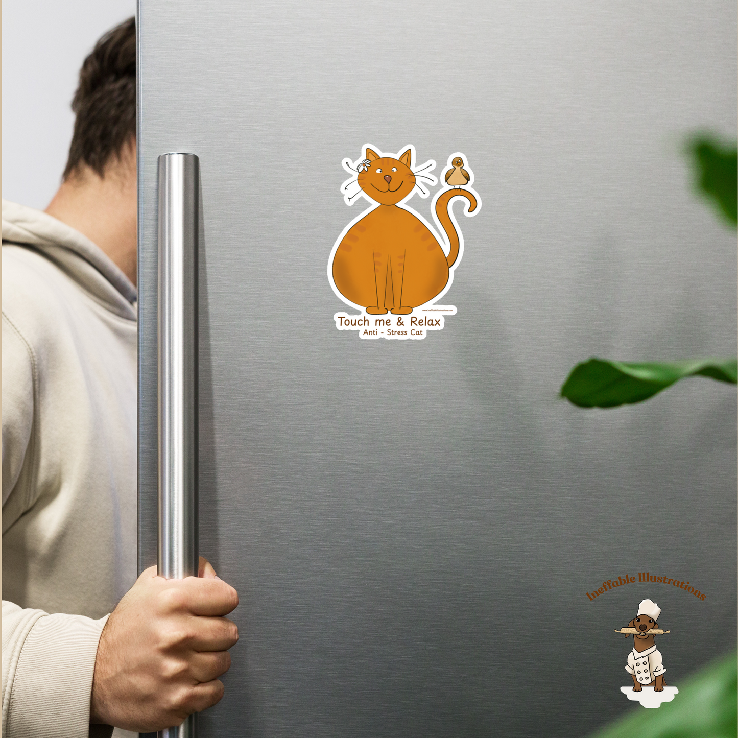 Funny Ginger Cat Magnet – Hand-Drawn Anti-Stress Cat with Relaxed Bird | Premium Matte Finish Magnetic Decor, Strong Hold for Photos & Notes - Ineffable Illustrations