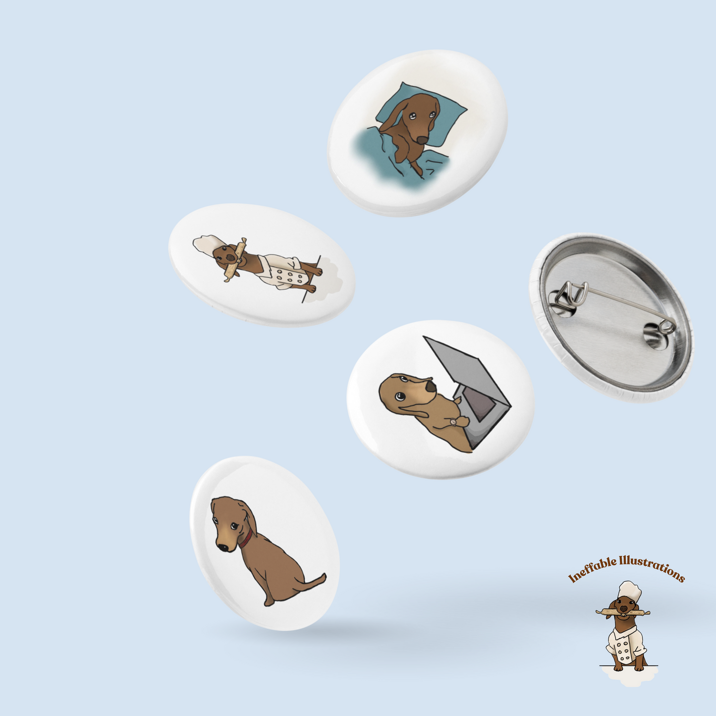 Dachshund Button Pins Set of Cute Oliver Enjoying Life | Fun Dog Accessories & Gifts for Pet Lovers - Ineffable Illustrations