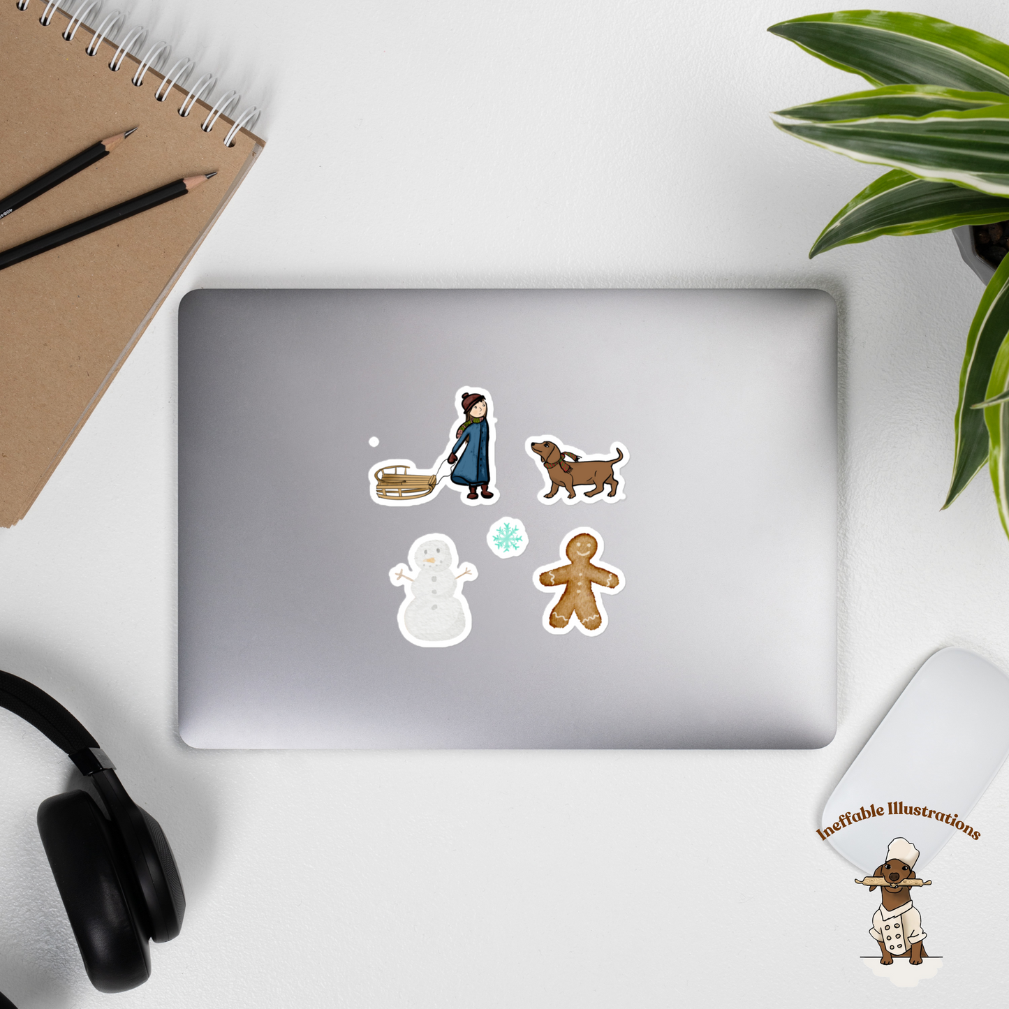 Stickers set - Winter Wonderland with Little Girl Molly, Dachshund Oliver & Snowman and Cookie - Perfect for Gift Wrapping and Scrapbooking - Ineffable Illustrations