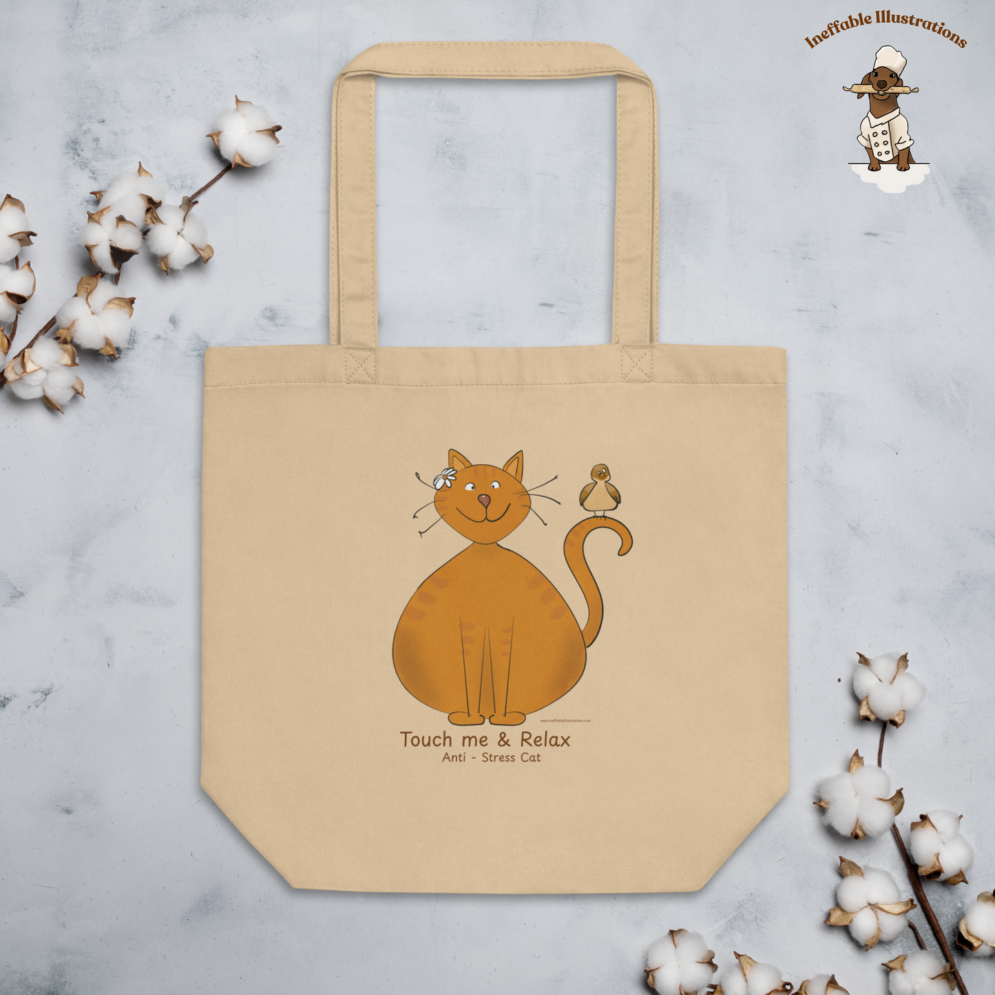 Funny Ginger Cat Tote Bag – Hand-Drawn Anti-Stress Cat with Relaxed Bird on Tail Design | Eco-Friendly Cotton Canvas Reusable Shopping Bag - Ineffable Illustrations
