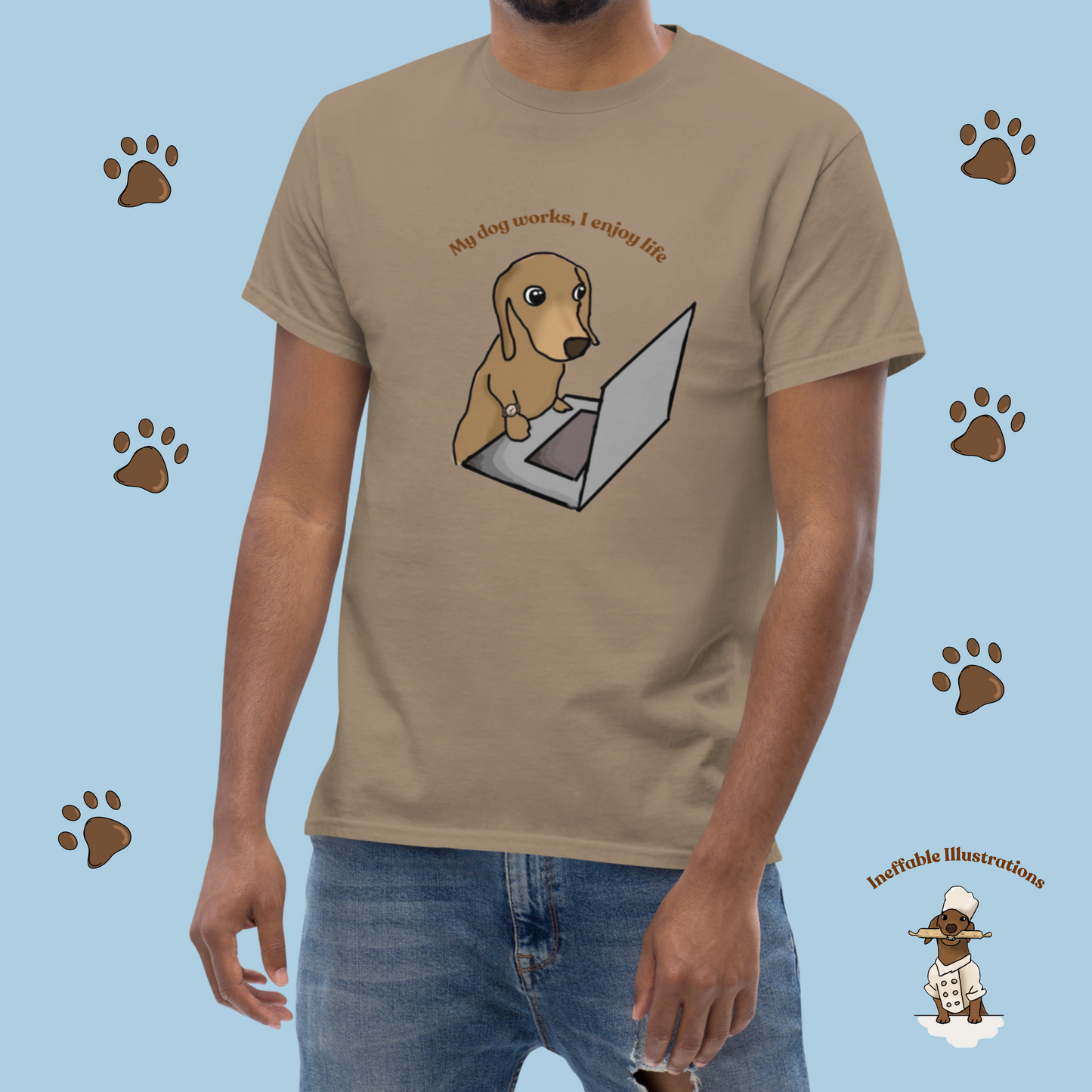 Shirt "Oliver works, I enjoy life". Funny Dog Illustration Tee | Hand-drawn Design | Trendy 100% Cotton Shirt - Ineffable Illustrations
