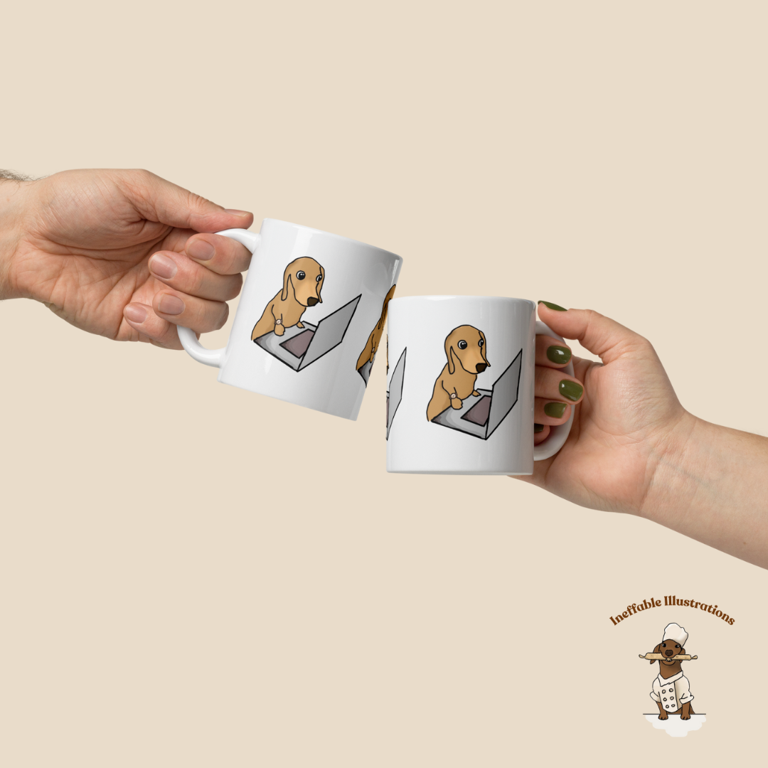 Mug "Dachshund Oliver working on computer". Cute sausage dog mug. White glossy mug. - Ineffable Illustrations