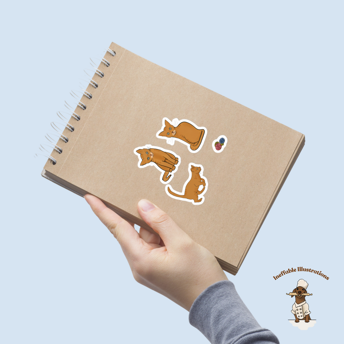 Bubble-Free Cat Stickers of Hand Drawn Ginger Kitten Sitting & Playing Cute Vinyl Decals for Laptop, Planner and Scrapbook