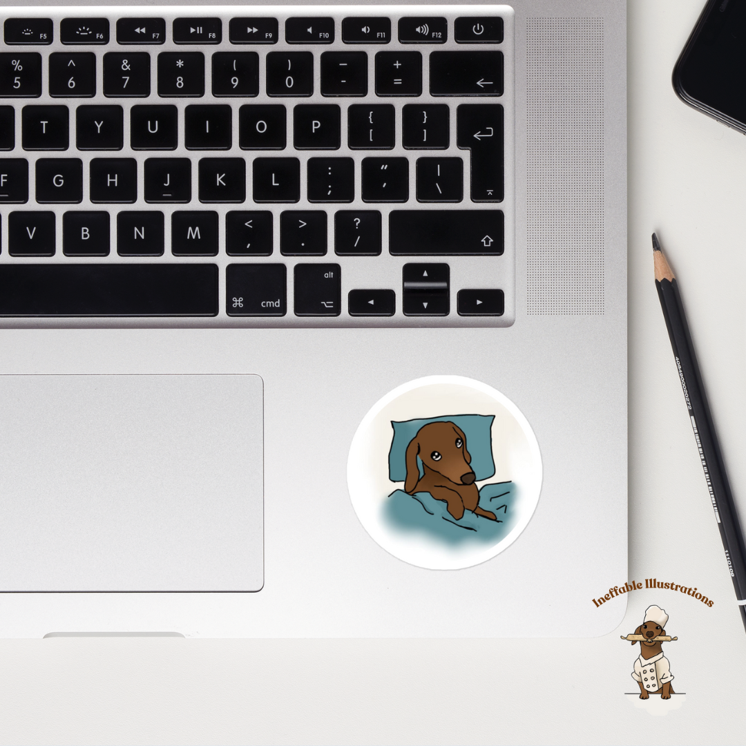 Sticker: Sleepy and lazy dachshund Oliver. Cute Dachshund Design, Lazy Dog Lovers Gift, Funny Pet Decal, Waterproof Vinyl Art - Ineffable Illustrations