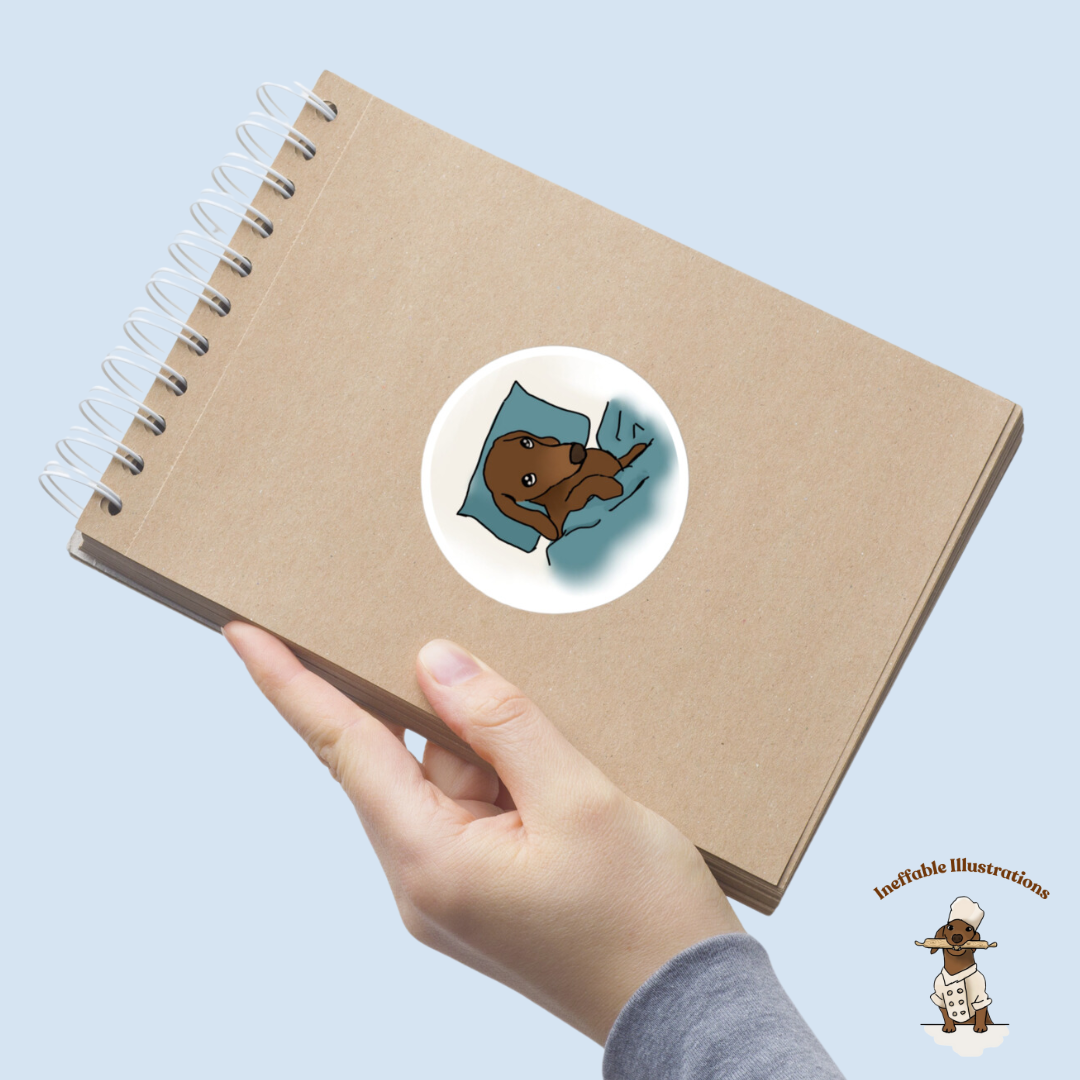 Sticker: Sleepy and lazy dachshund Oliver. Cute Dachshund Design, Lazy Dog Lovers Gift, Funny Pet Decal, Waterproof Vinyl Art - Ineffable Illustrations