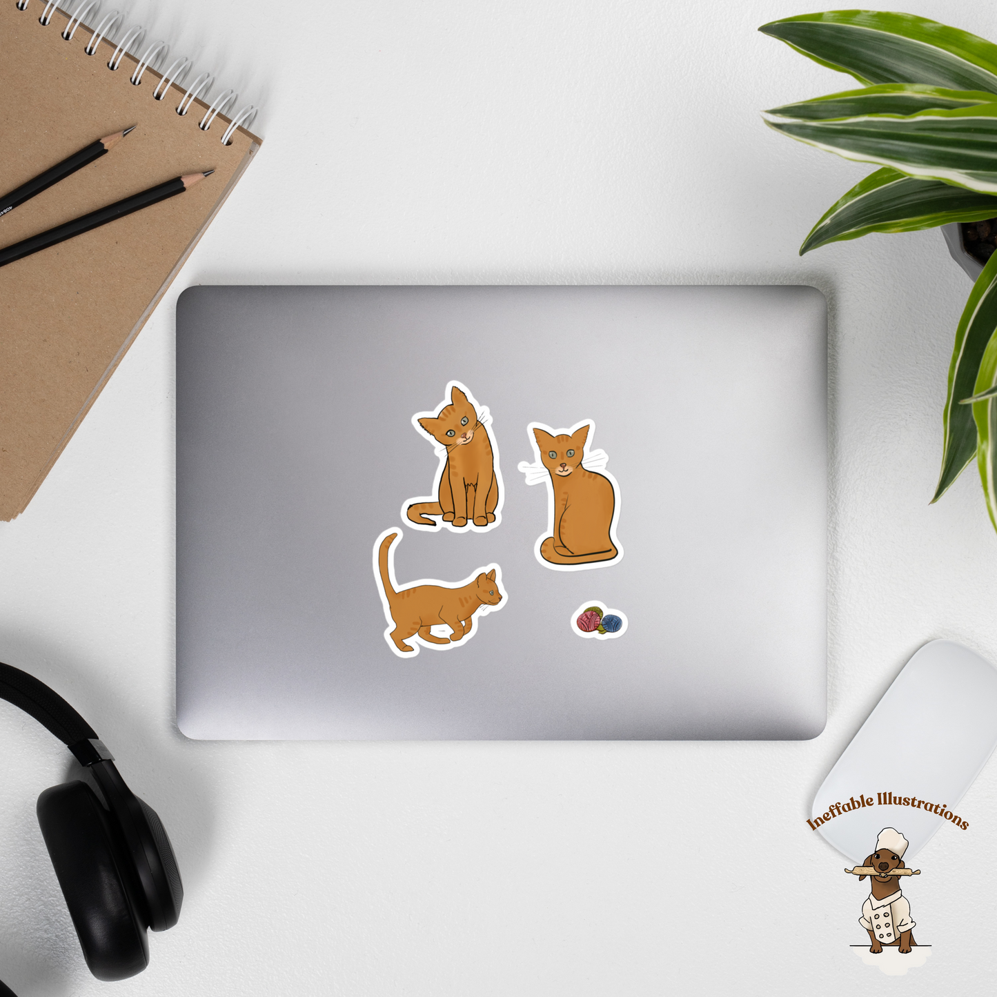 Bubble-Free Cat Stickers of Hand Drawn Ginger Kitten Sitting & Playing Cute Vinyl Decals for Laptop, Planner and Scrapbook - Ineffable Illustrations