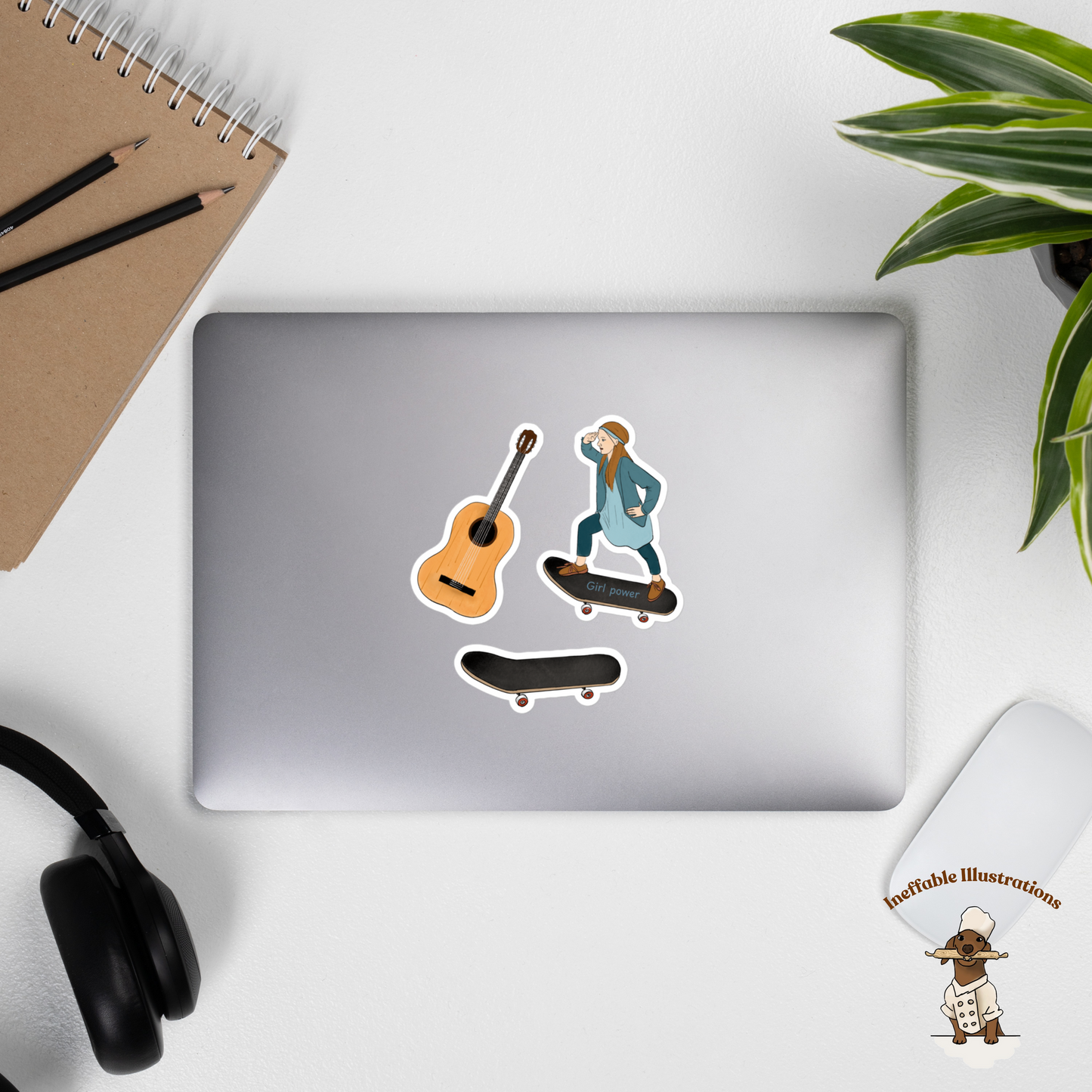 Bubble-Free Stickers Set with Hand Drawn Guitar, Skateboard & Girl Skating – Durable, Waterproof Decals for Laptops and Bikes - Ineffable Illustrations