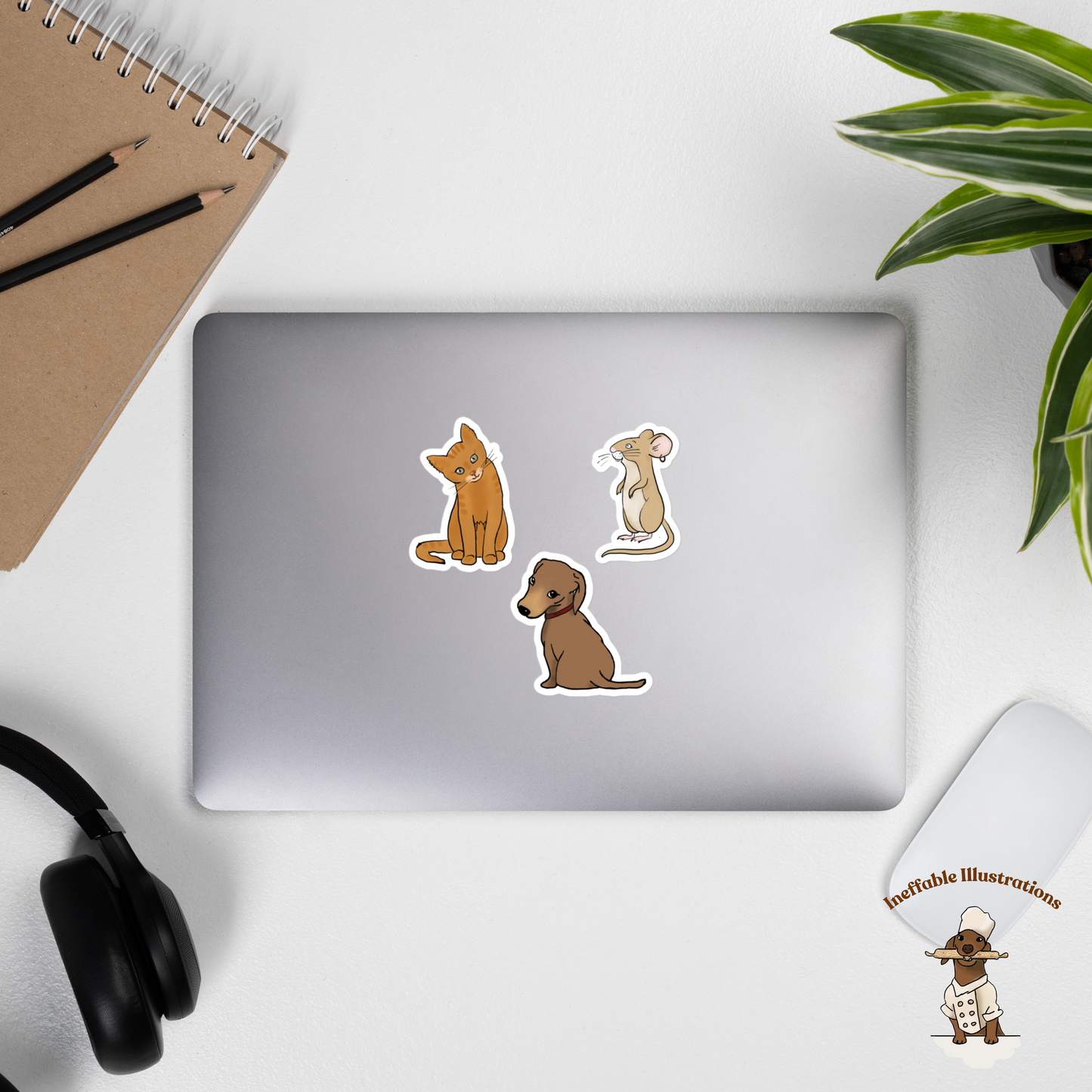 Bubble-Free Hand Drawn Cat, Dog and Mouse Stickers: Ginger Cat, Dachshund Oliver & Mouse Pedro Decals for Laptops, Planners - Ineffable Illustrations