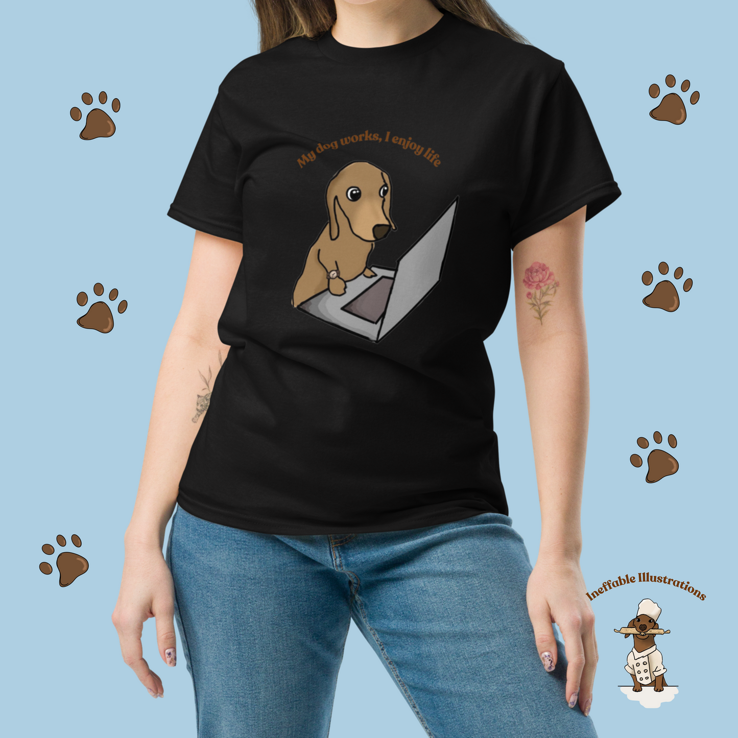 Shirt "Oliver works, I enjoy life". Funny Dog Illustration Tee | Hand-drawn Design | Trendy 100% Cotton Shirt - Ineffable Illustrations