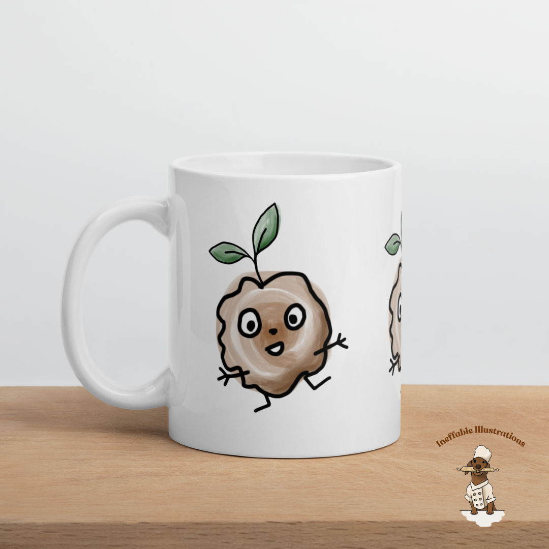 Mug "Eath peace Rocco with his brocoli sprout on the head". White glossy mug with cute hand painted sprout - Ineffable Illustrations