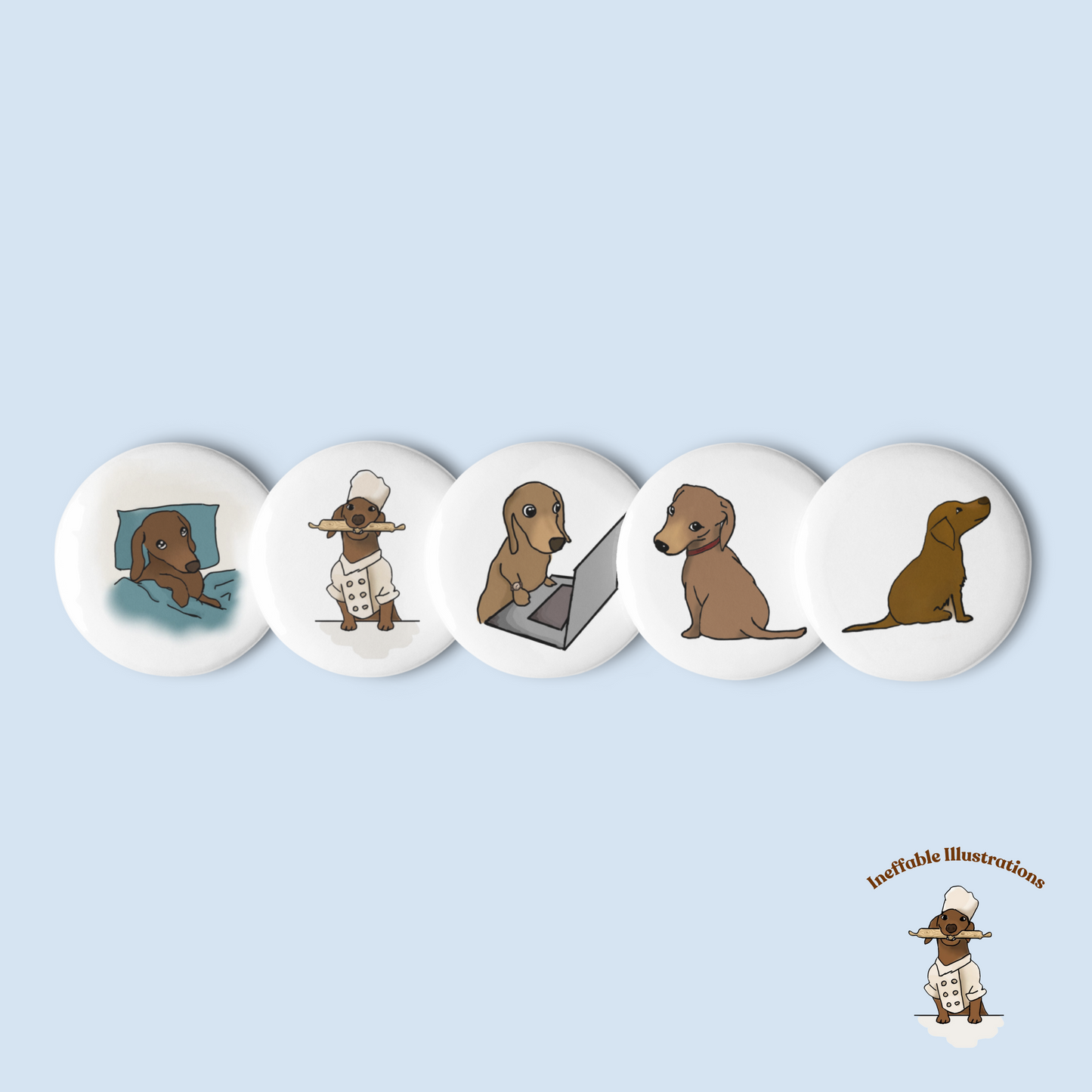 Dachshund Button Pins Set of Cute Oliver Enjoying Life | Fun Dog Accessories & Gifts for Pet Lovers - Ineffable Illustrations