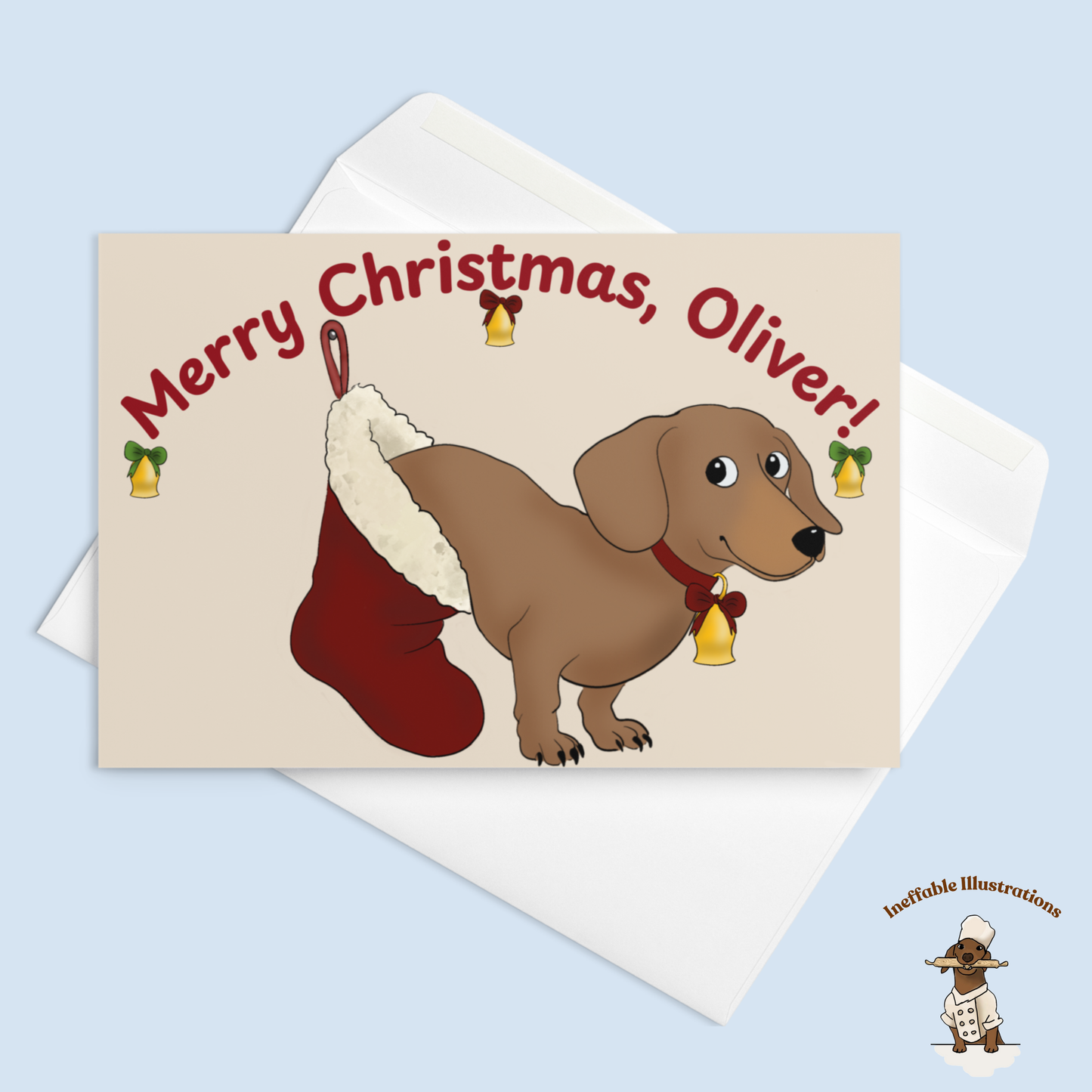 Personalizable Oliver Dachshund Christmas Greeting Card - Custom Name
