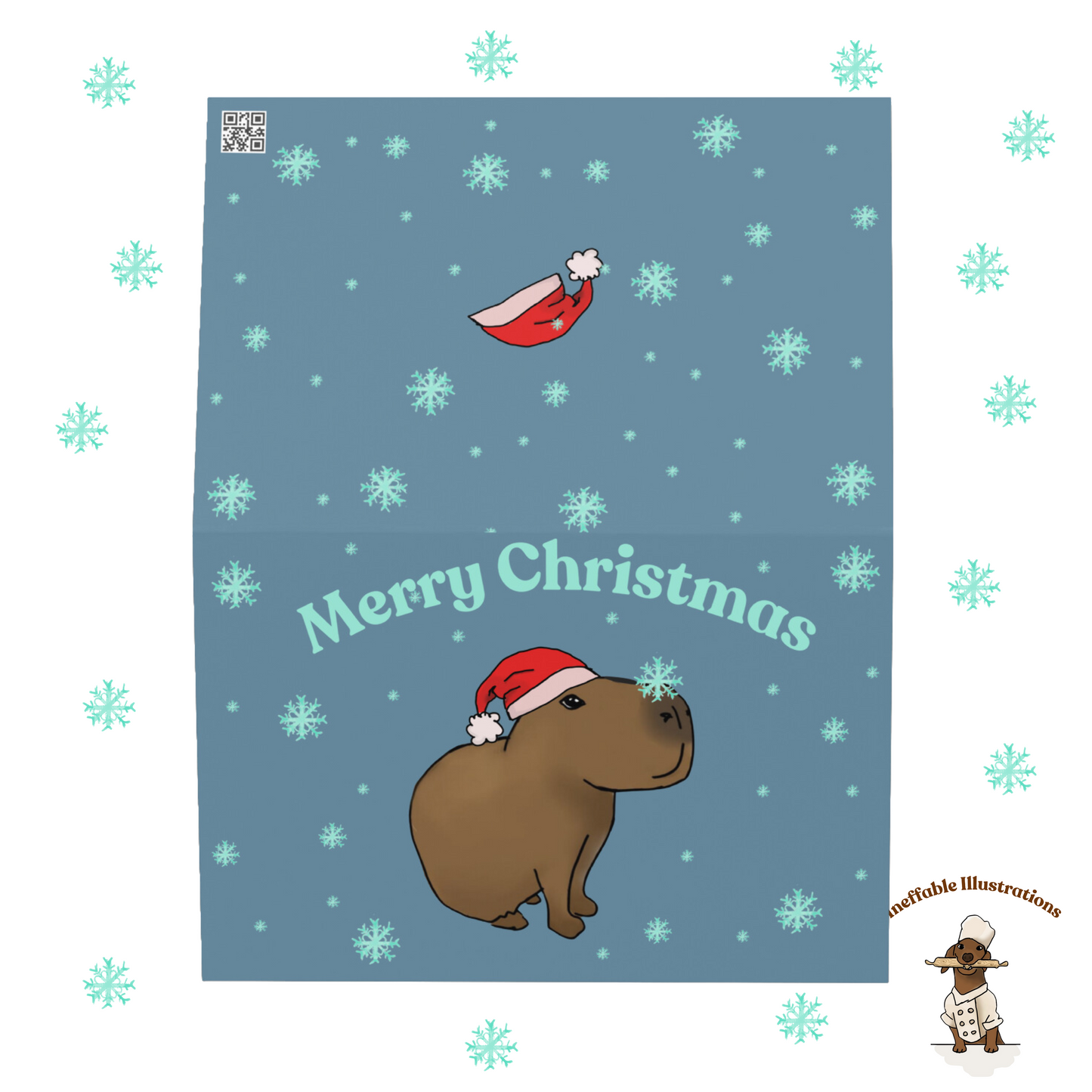 Capybara Christmas Greeting Card | Capybara Jolly Playing with Snowflakes | Cute Holiday Card for Winter Greetings