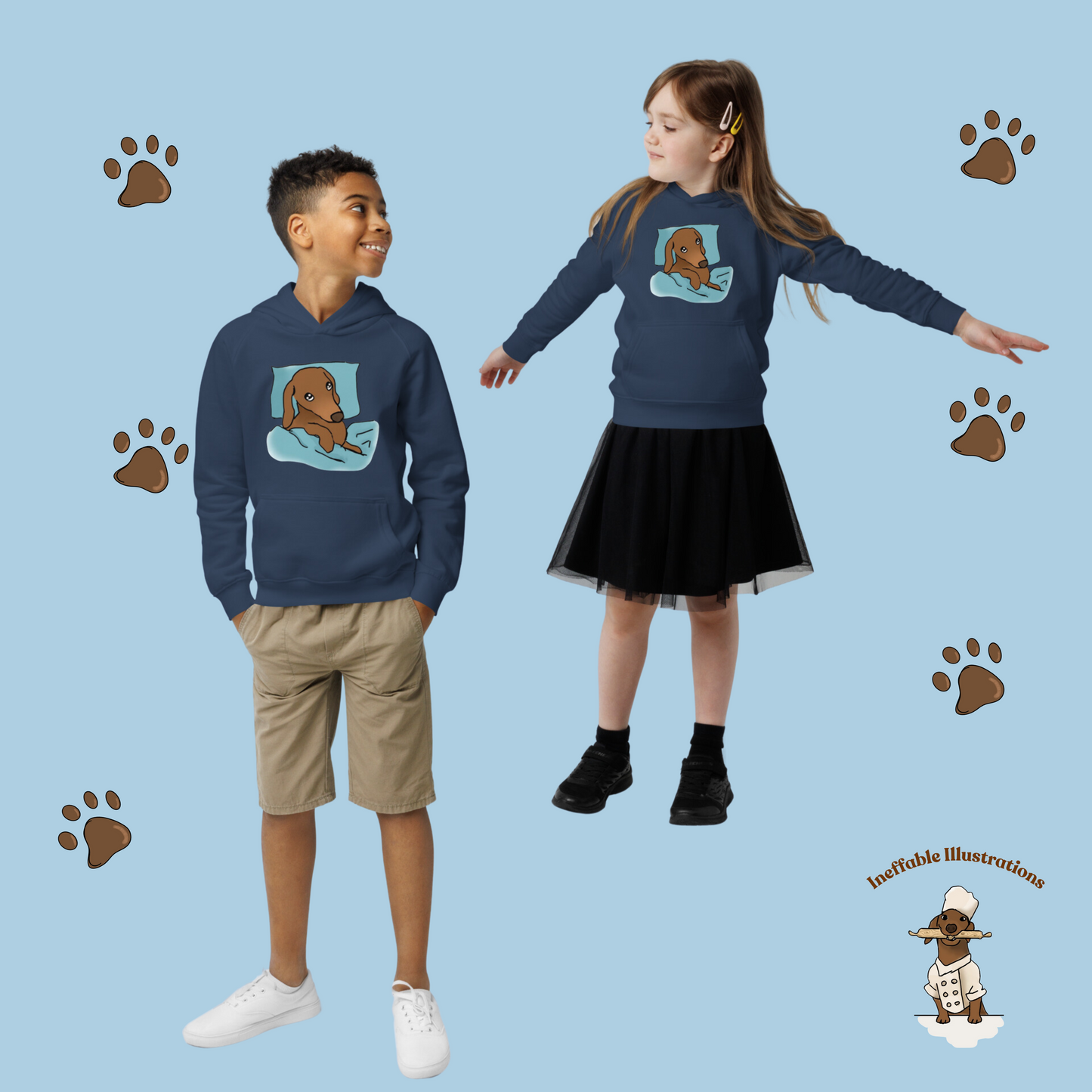 Kids Eco Hoodie with Sleepy Dachshund Oliver Illustration, Hand Illustrated, Cute Eco-Friendly Sweatshirt, Perfect Gift for Children - Ineffable Illustrations