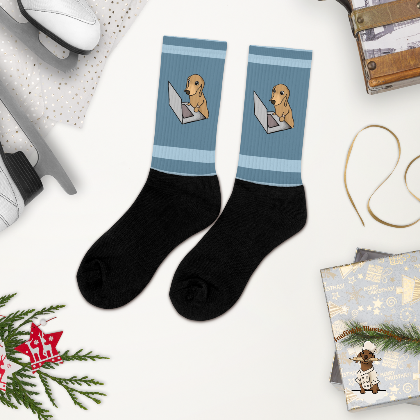 Dachshund Socks with dachshund Oliver with Computer Design | Cute Dog Lover Gift | Novelty Cotton Crew Socks - Ineffable Illustrations