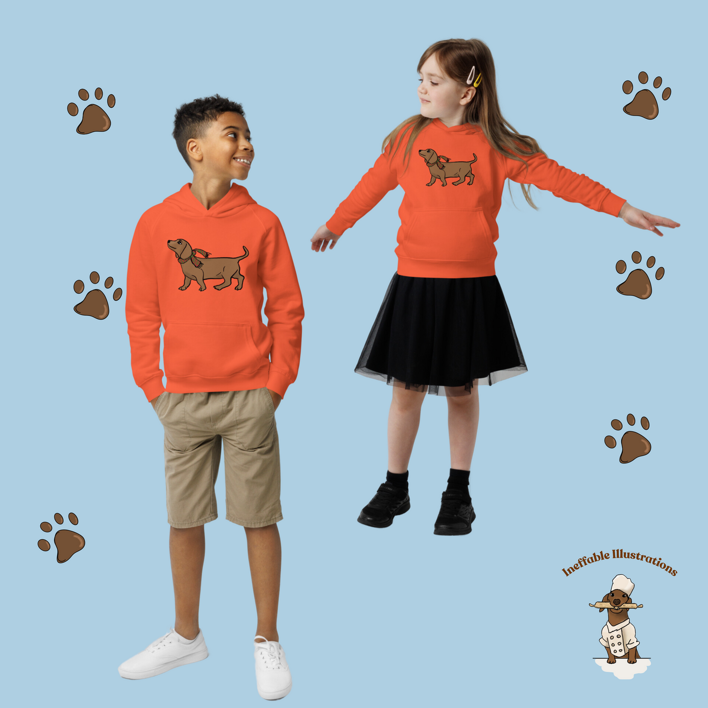 Kids Eco Hoodie with Cute Dachshund Oliver with Scar - Sustainable Children's Apparel, Perfect Gift for Dog Lovers, Hand drawn illustration - Ineffable Illustrations